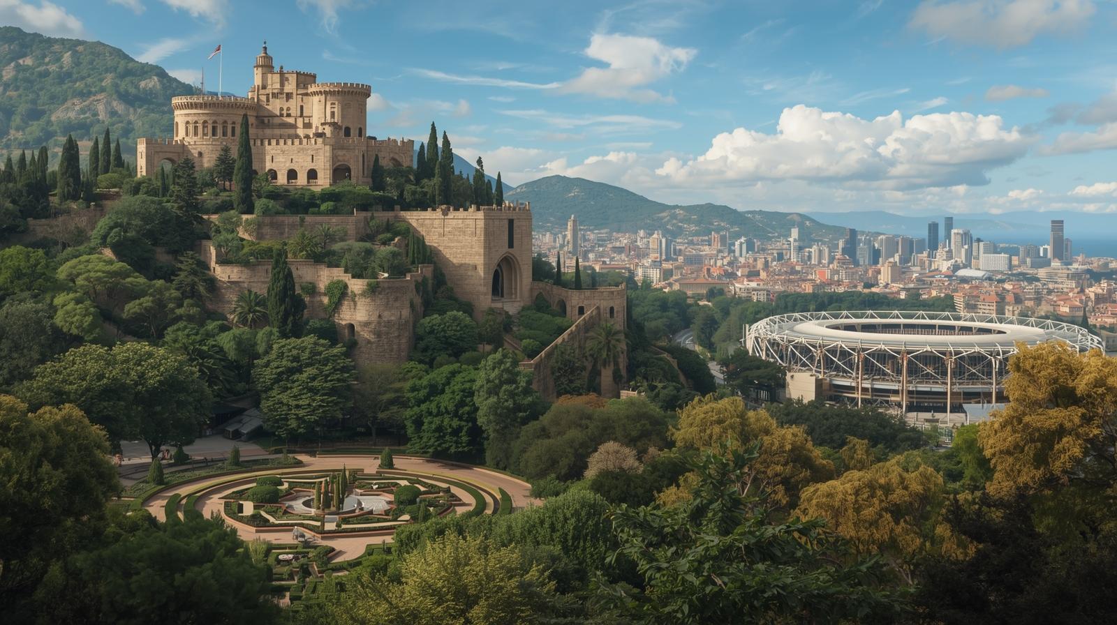 Montjuïc: Recorridos por jardines (como el Jardín Botánico), el Castillo (exterior) y el Estadio Olímpico.