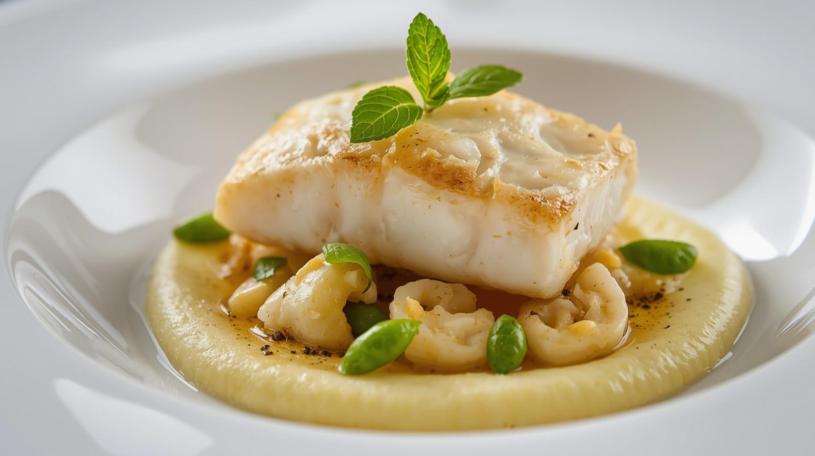 Bacalao al vapor sobre puré ligero de coliflor y limón.