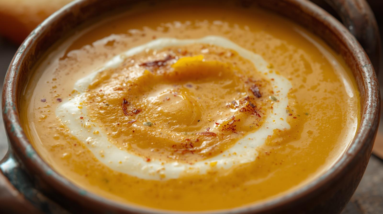 Crema aterciopelada de calabaza con toque cítrico y curry.