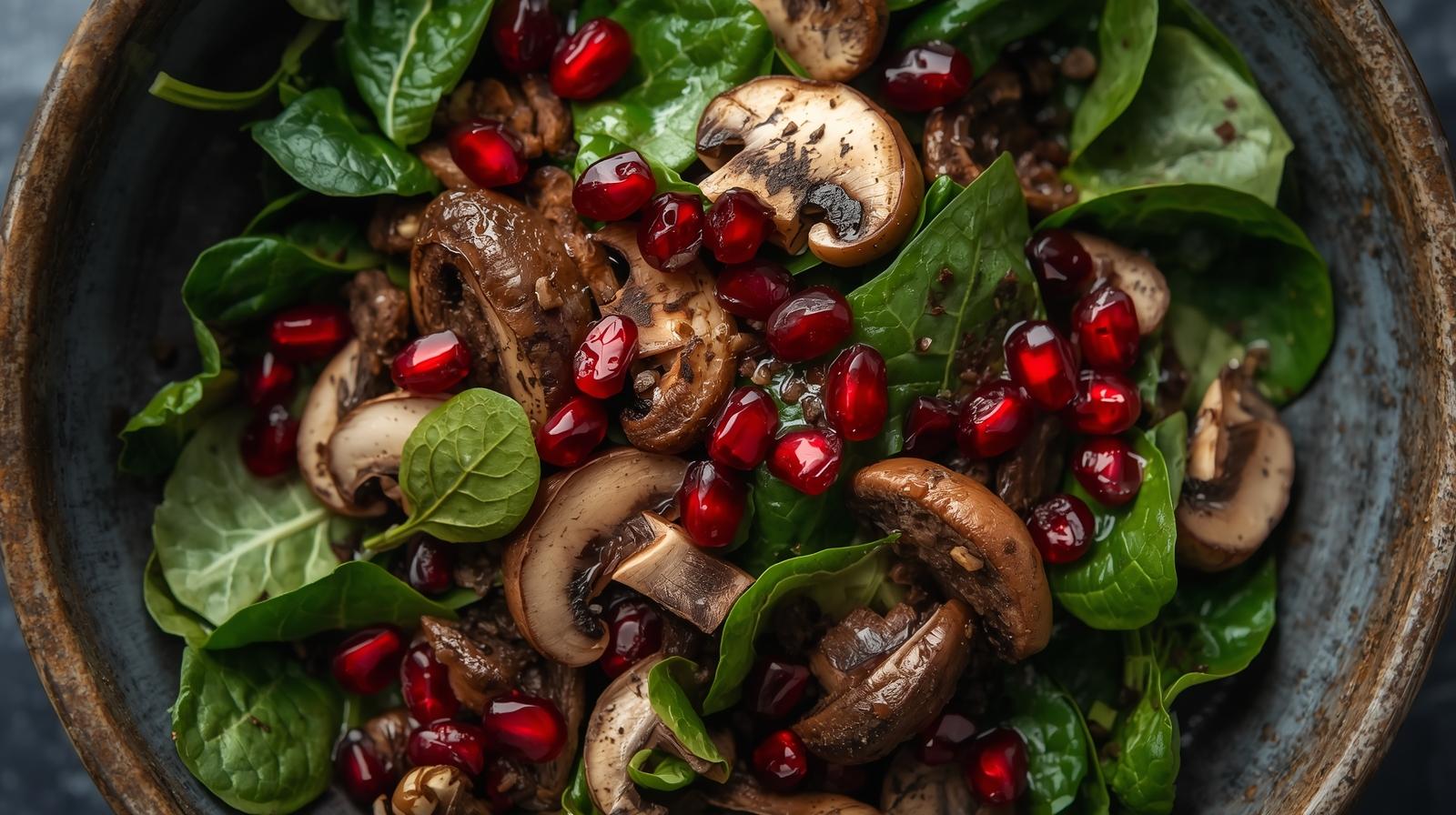 Ensalada de invierno con espinacas, setas y semillas de granada.