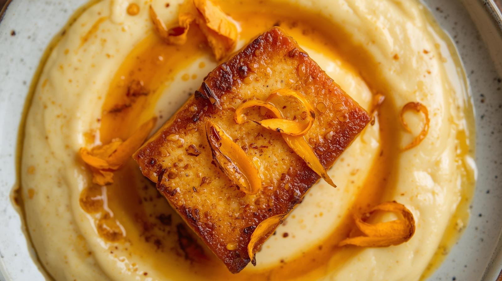 Filete de tempeh marinado en koji con puré de coliflor y cúrcuma fresca