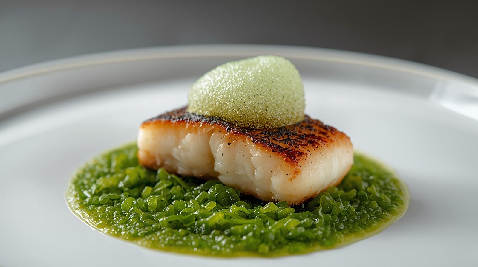 Lomo de bacalao al vapor sobre cama de algas kombu y espuma de espirulina