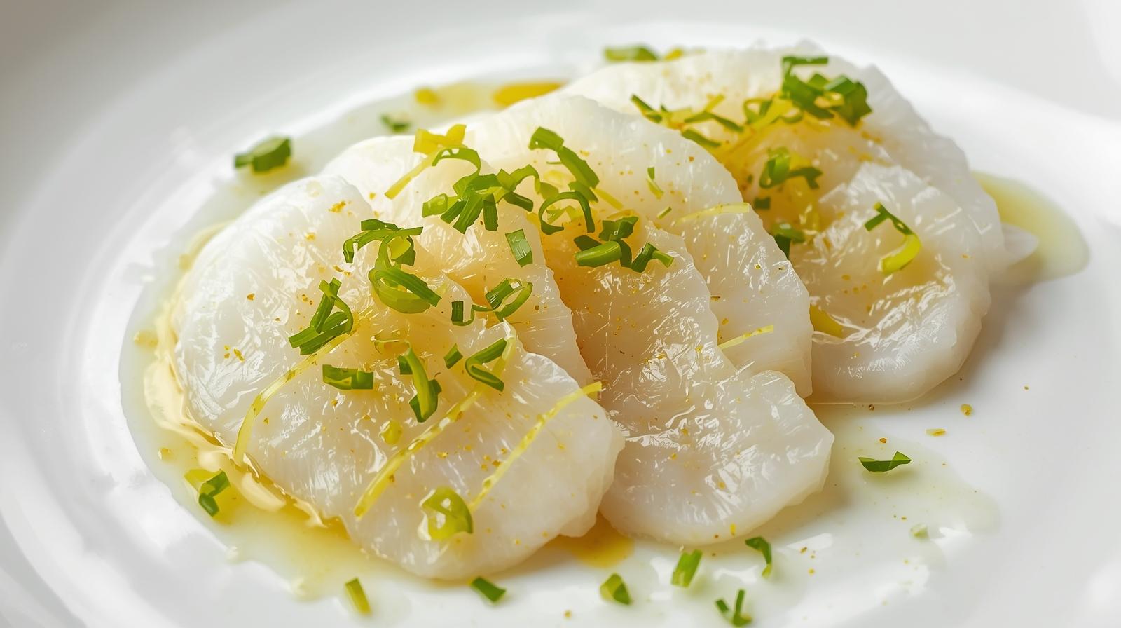 Lubina en carpaccio ácido con jengibre y lima.