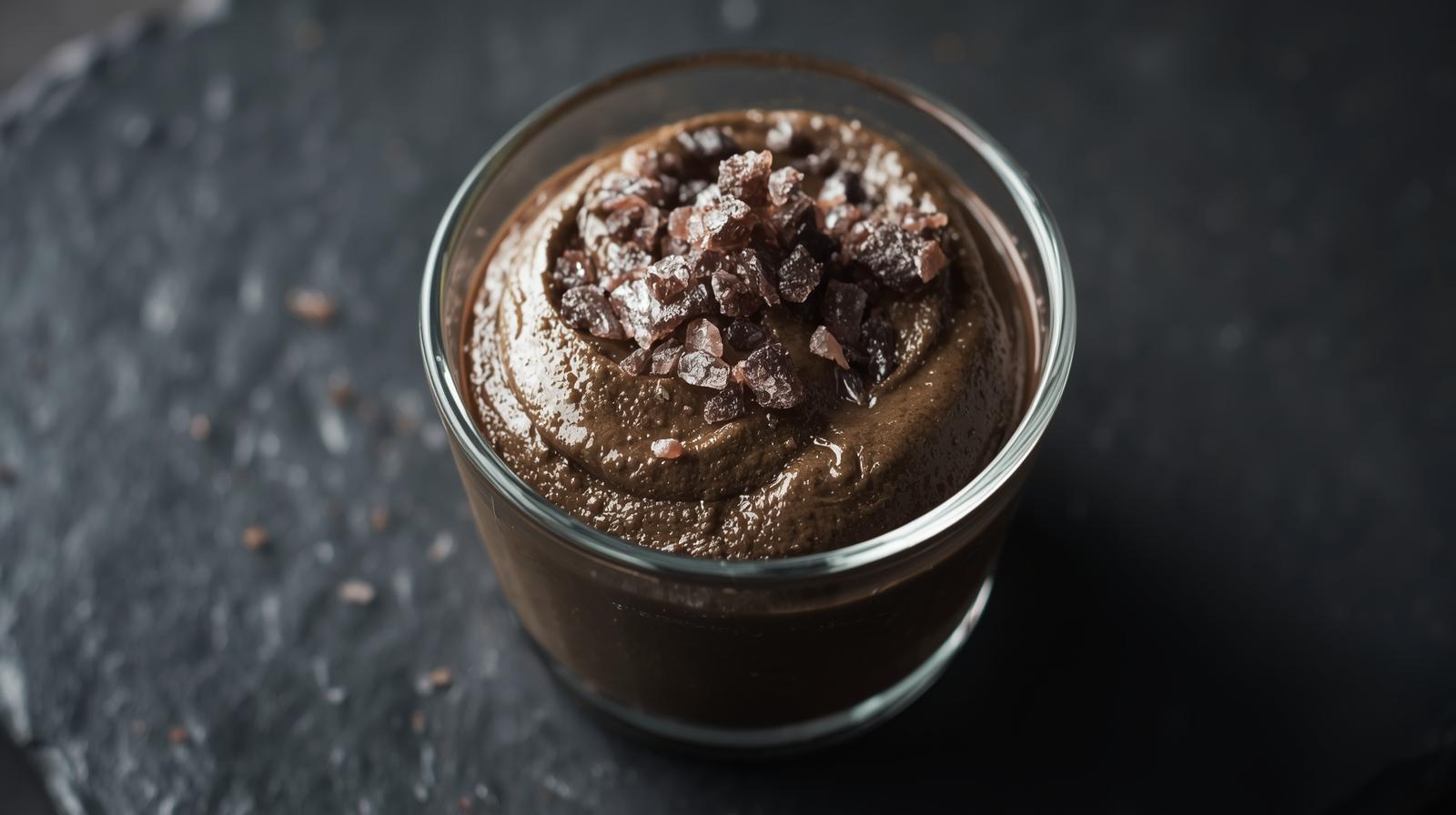 Mousse de aguacate y cacao crudo con sal de lava volcánica