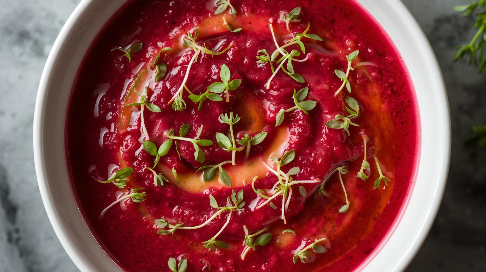 Gazpacho de remolacha y manzana verde con brotes de alfalfa y esencia de jengibre