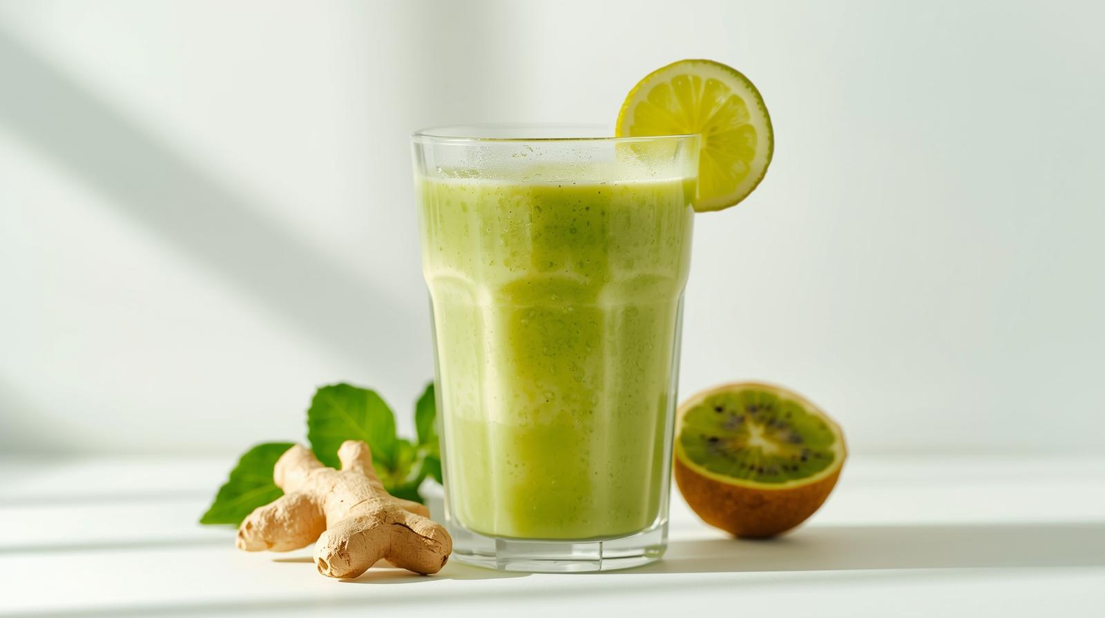 Smoothie fresco y ligero con kiwi, lima y un toque picante de jengibre