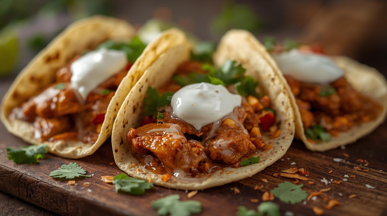 Tacos de jackfruit braseado con especias de Oriente Medio y yogur de coco