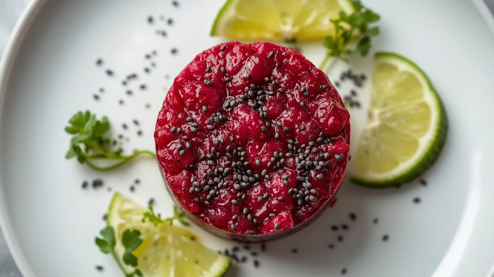 Tartar de remolacha ahumada con “caviar” de semillas de chía y lima