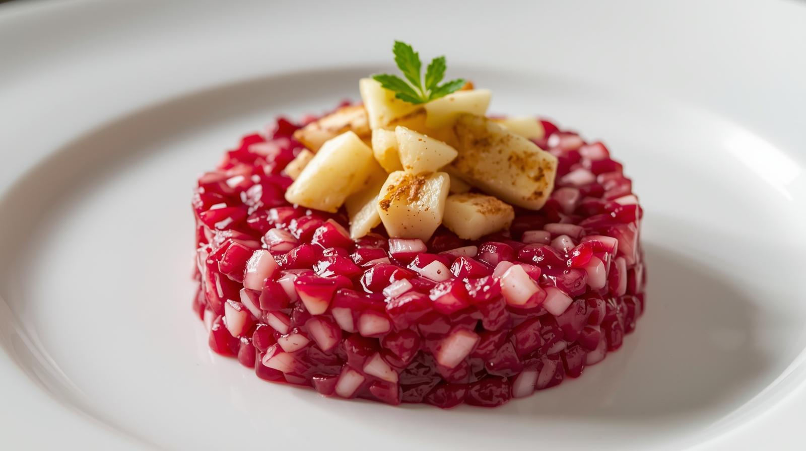 Tartar vegetal de remolacha y manzana con toque crujiente.