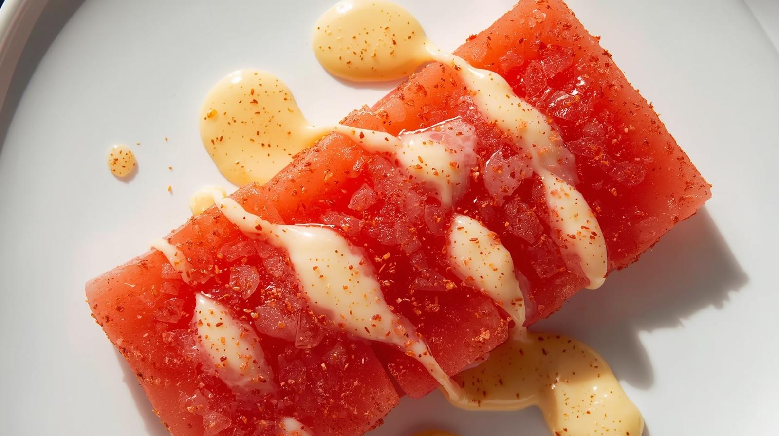 Tataki de sandía osmotizada con costra de pimienta de Sichuan y emulsión de yuzu