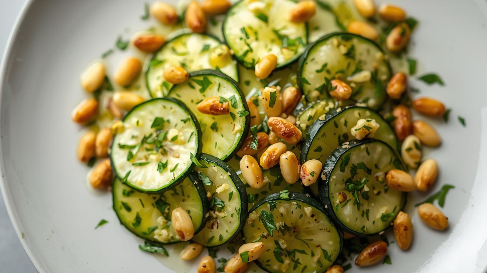 Carpaccio de calabacín marinado en lima y menta con crujiente de piñones