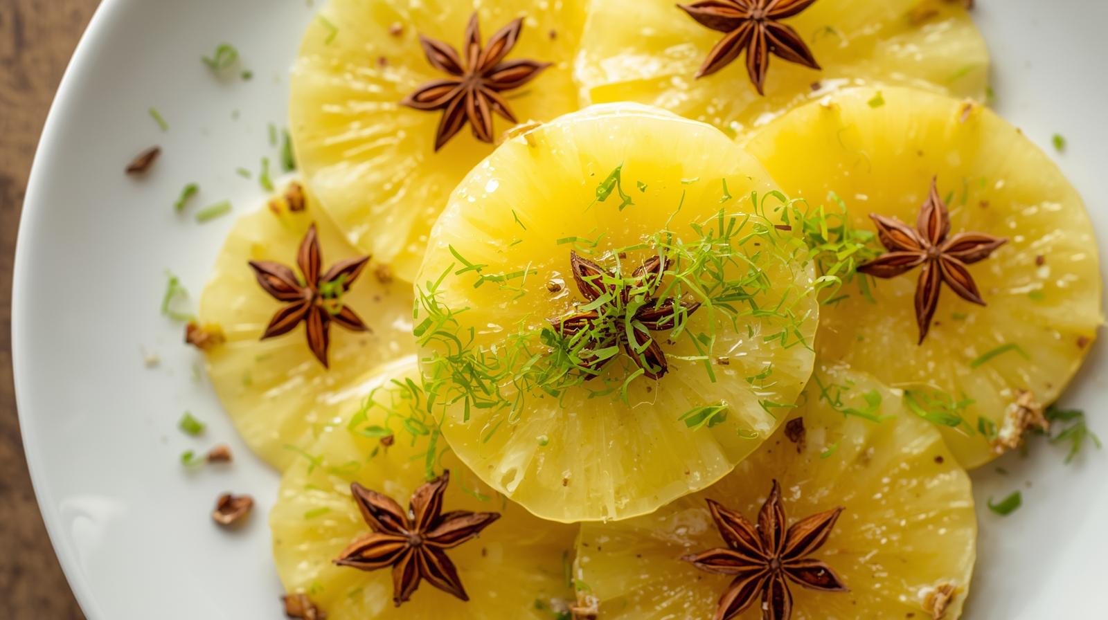 Carpaccio de piña natural infusionada en anís estrellado y ralladura de lima fresca