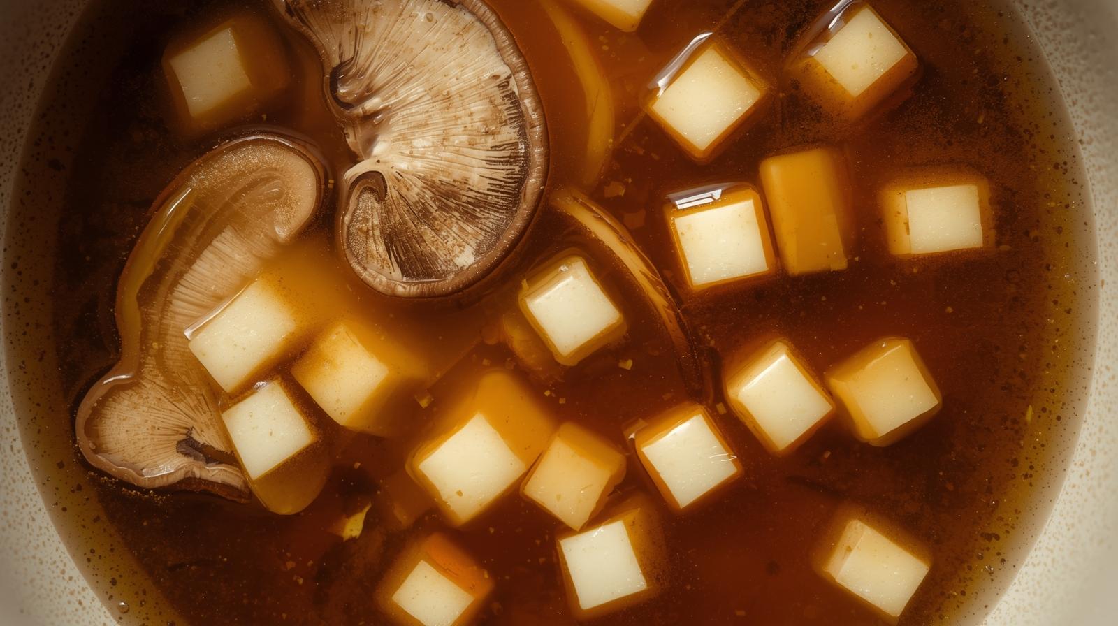 Consomé clarificado de setas shiitake y kombu con dados de tofu sedoso