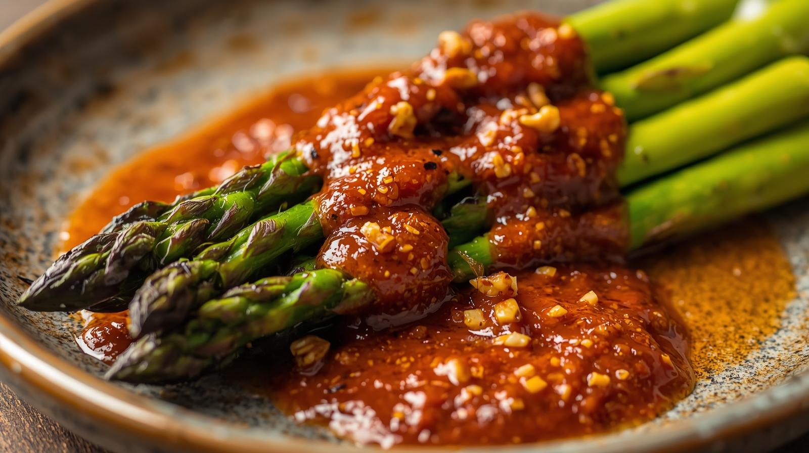 Espárragos trigueros a la parrilla con romesco ligero de nueces