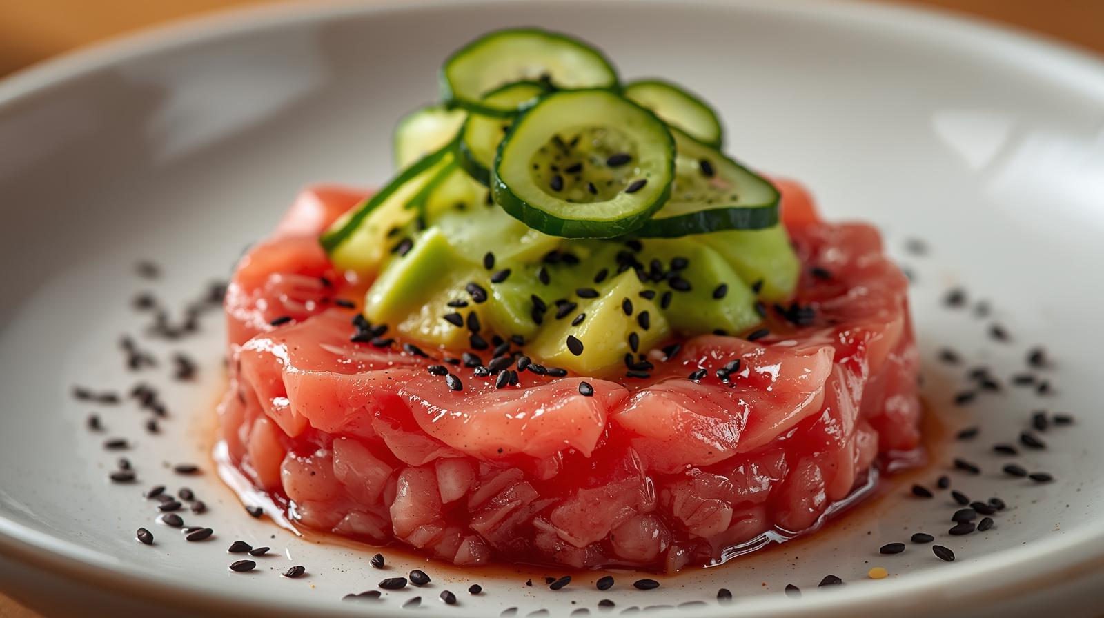 Tartar de atún rojo y aguacate con pepino holandés y sésamo negro