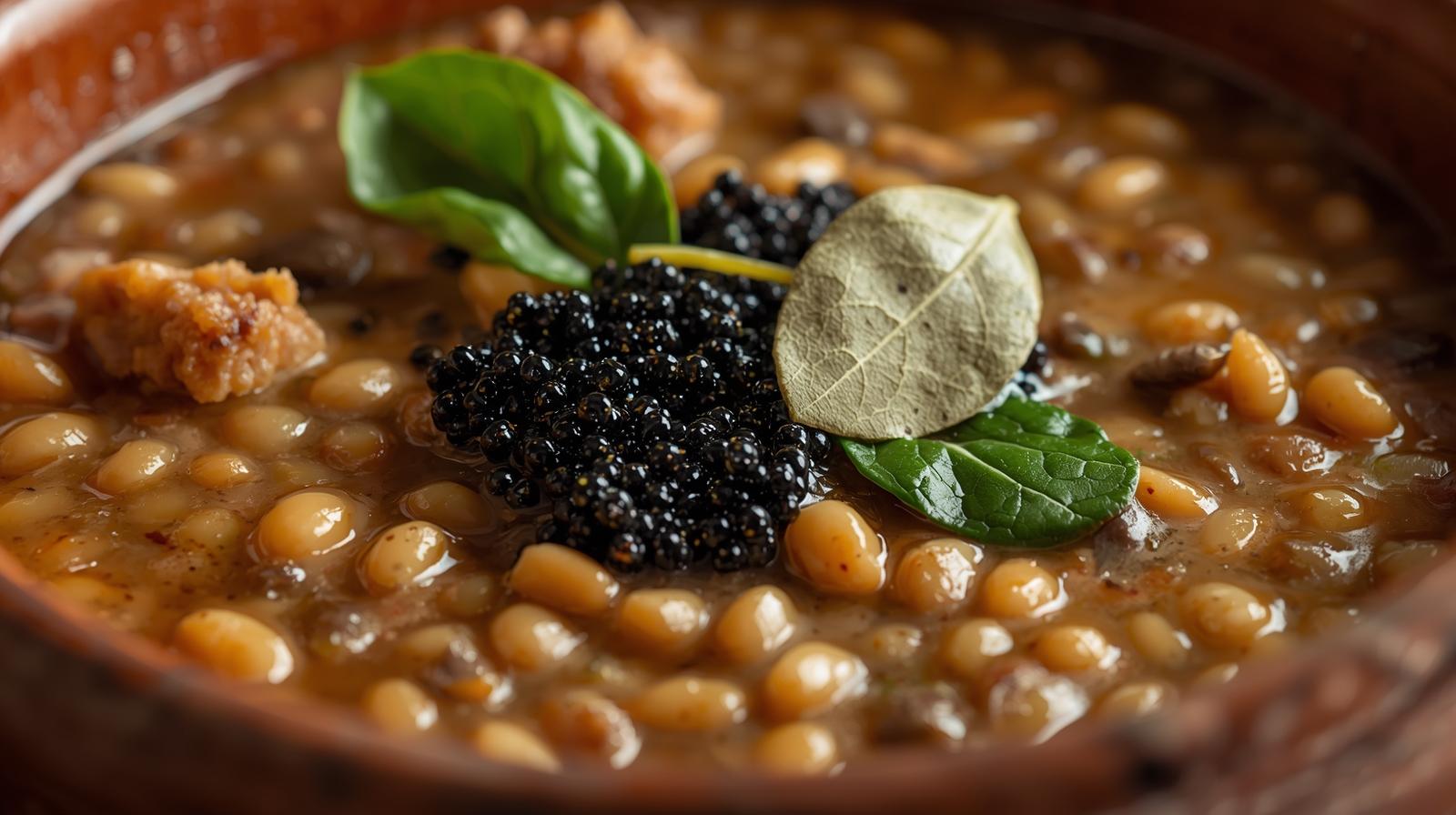 Estofado ligero de lentejas caviar con espinacas baby y aroma de laurel