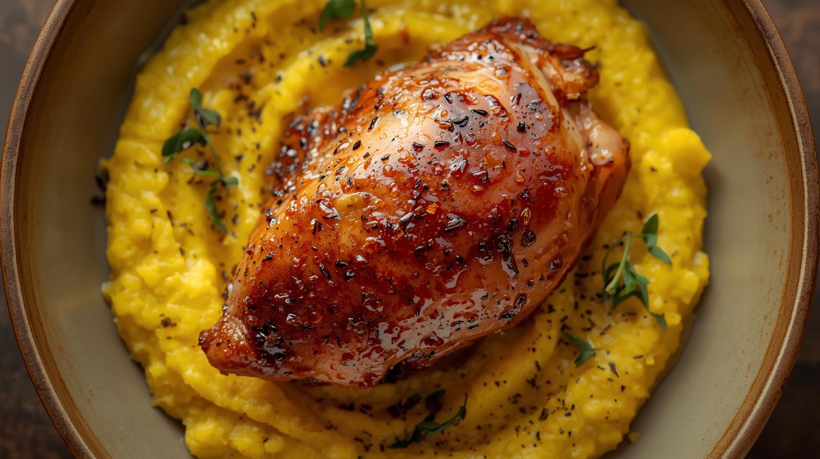 Pechuga de pavo de corral a baja temperatura sobre puré aterciopelado de coliflor y cúrcuma