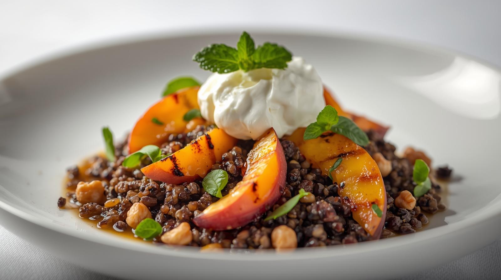 Ensalada de quinoa negra con melocotones a la brasa, espuma de queso de cabra y nueces activadas