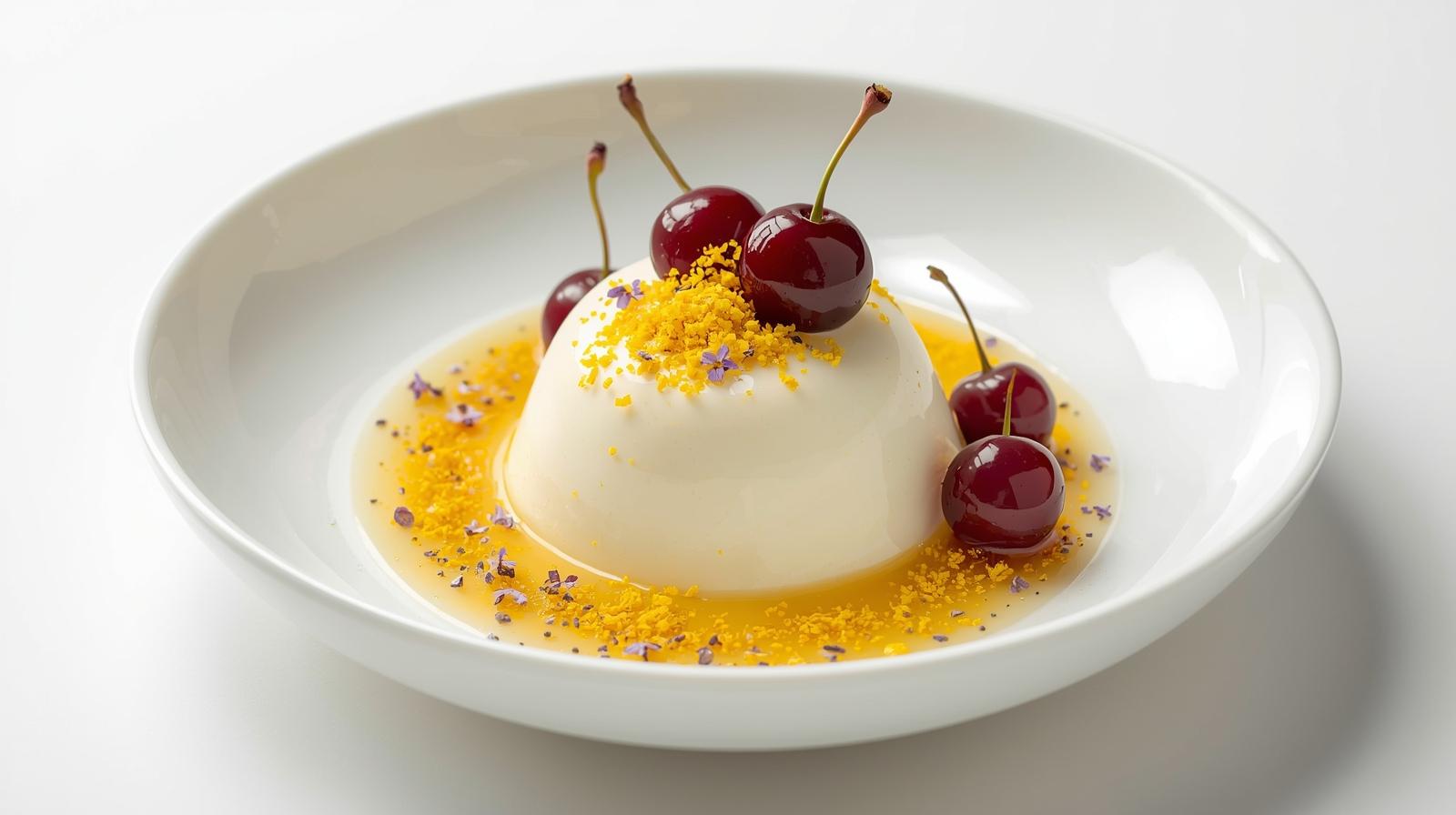 Panna Cotta de Coco y Lavanda con Cerezas