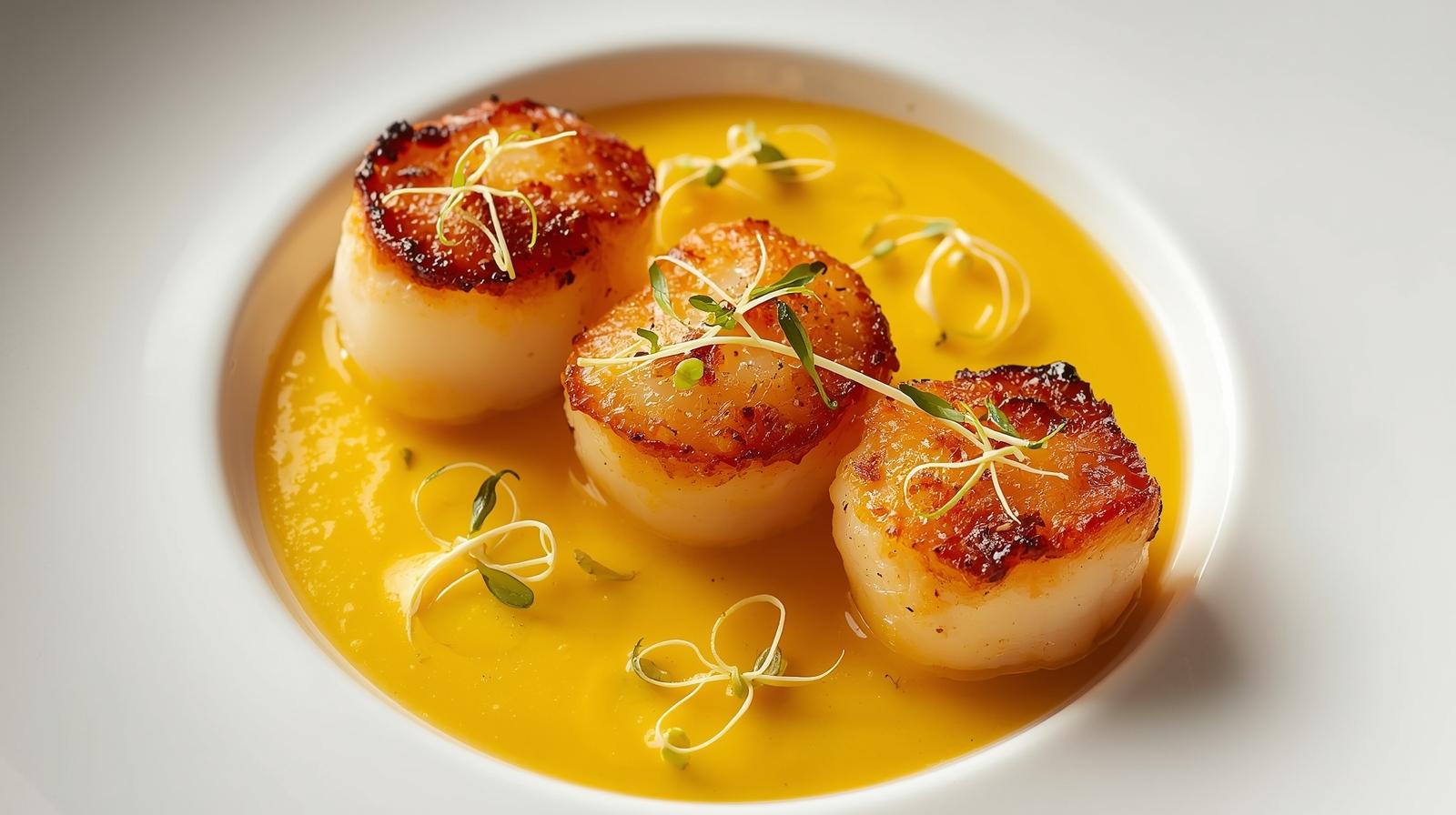 Vieiras Selladas con Velouté de Maíz Dulce y Micro-brotes de Rábano Picante.