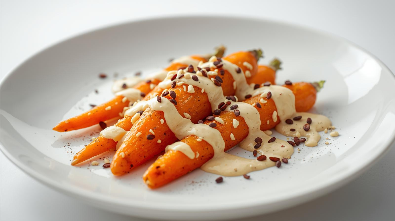 Zanahorias Baby Rostizadas en Cúrcuma y Miso con Crema de Tahini y Amanto Insuflado.