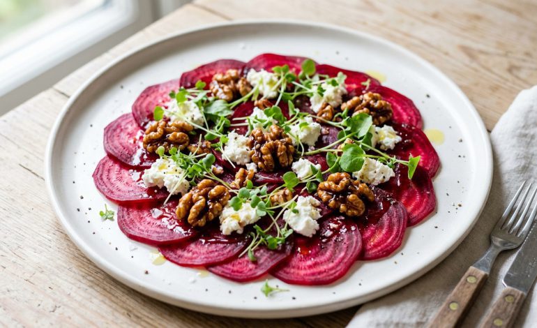 Carpaccio de remolacha con queso de cabra y nueces caramelizadas