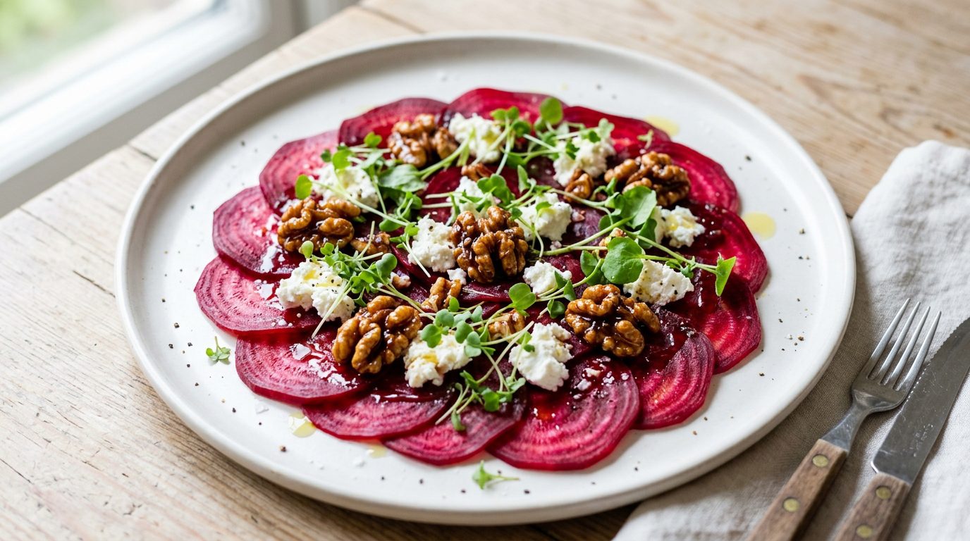 Carpaccio remolacha queso de cabra y nueces caramelizadas