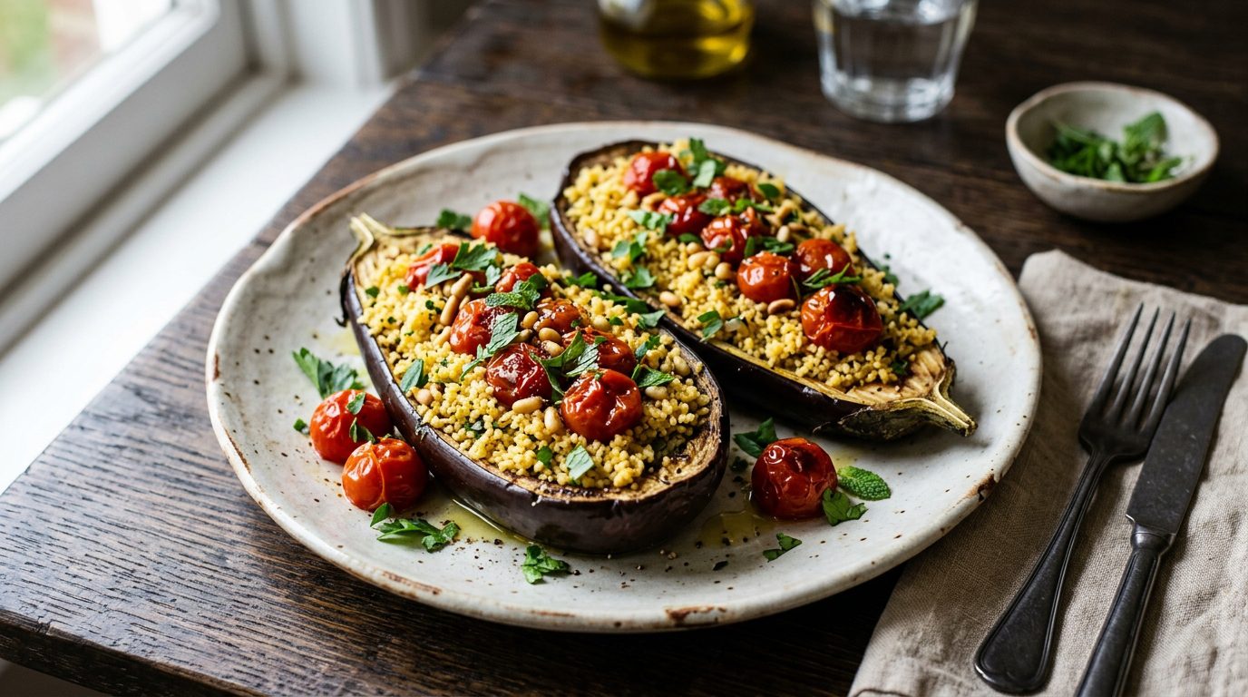 Berenjenas rellenas de couscous y tomates confitados