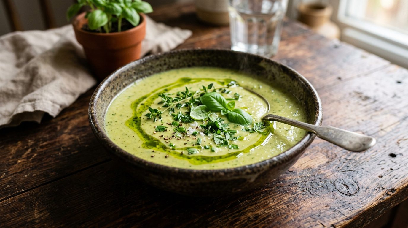 Crema tibia de calabacín con hierbas del huerto y aceite de albahaca