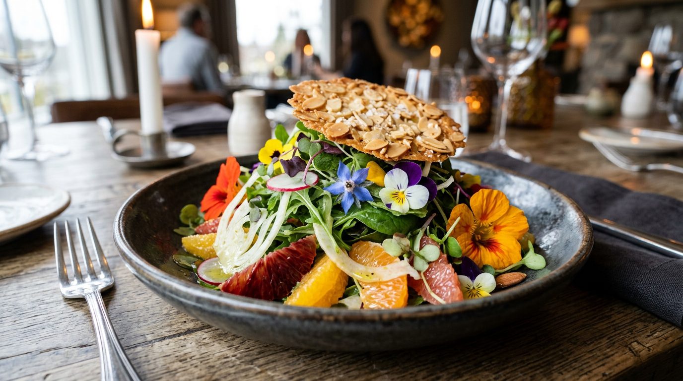 Ensalada de flores comestibles con vinagreta cítrica y crujiente de almendra