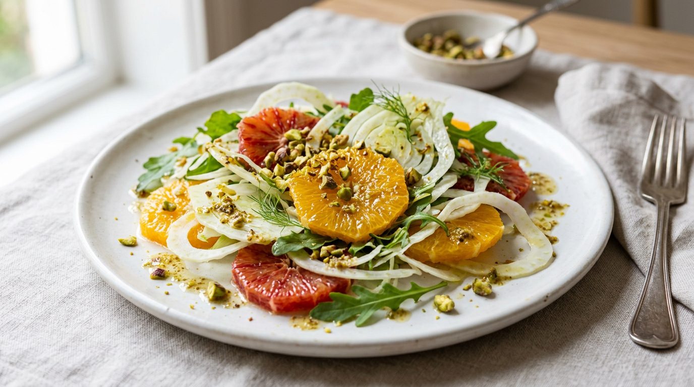 Ensalada de hinojo y naranja con vinagreta de pistacho