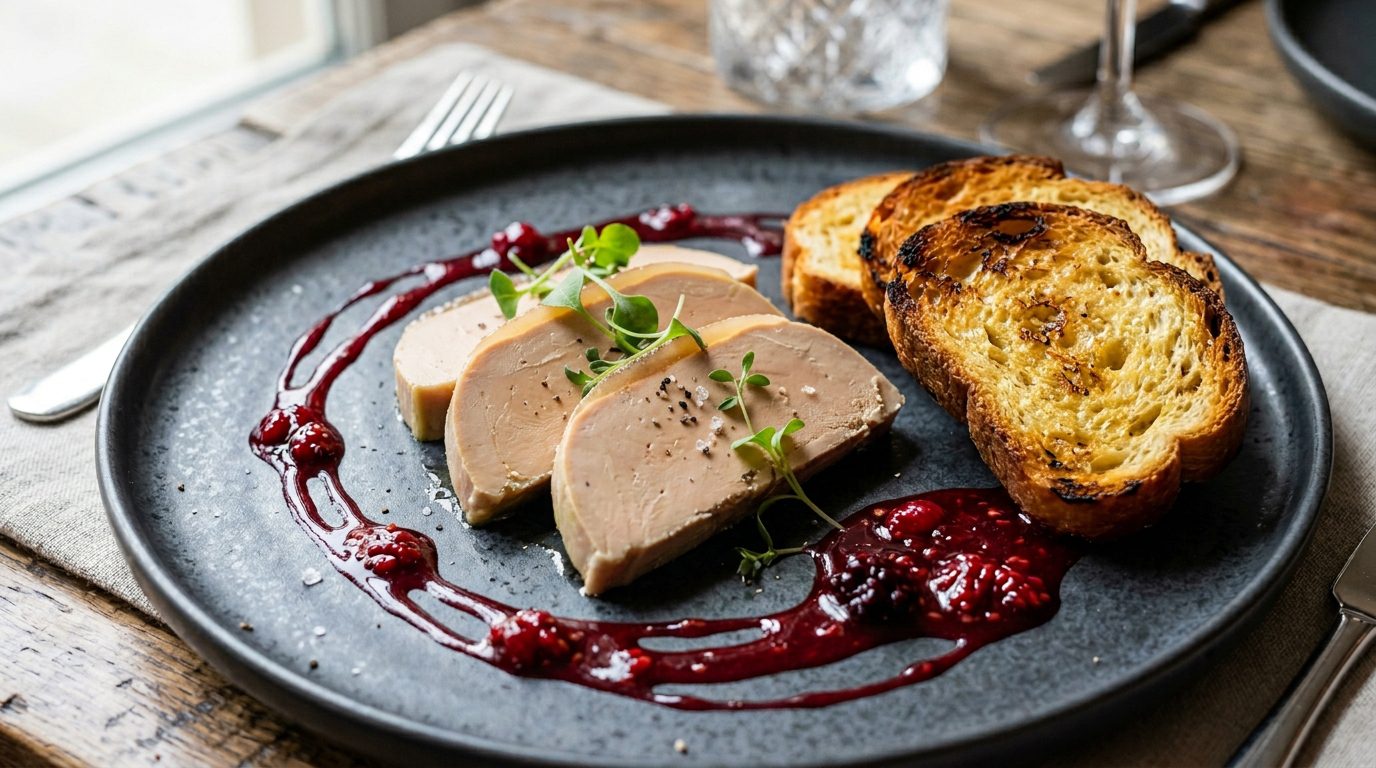 Foie micuit con pan brioche y reducción de frutos rojos
