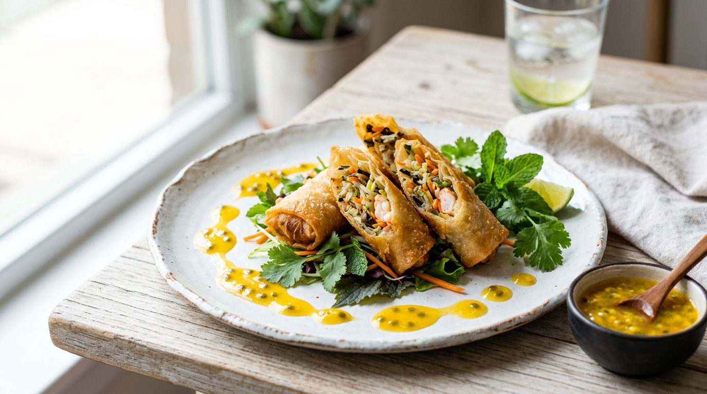 Rollitos de primavera gourmet con salsa de maracuyá
