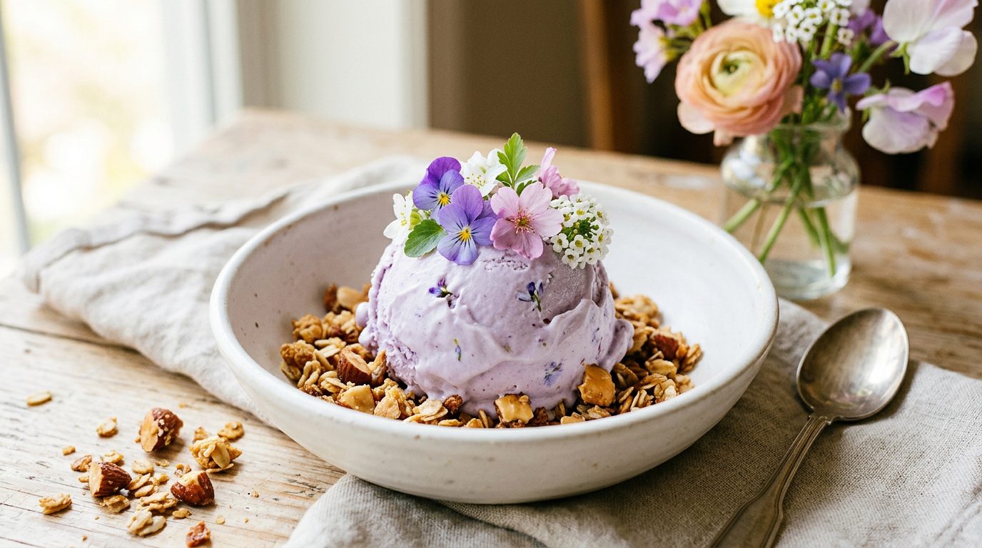 Helado de flores de primavera y crumble de almendra tostada