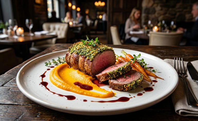 Lomo de cordero con costra de hierbas y puré de zanahoria asada