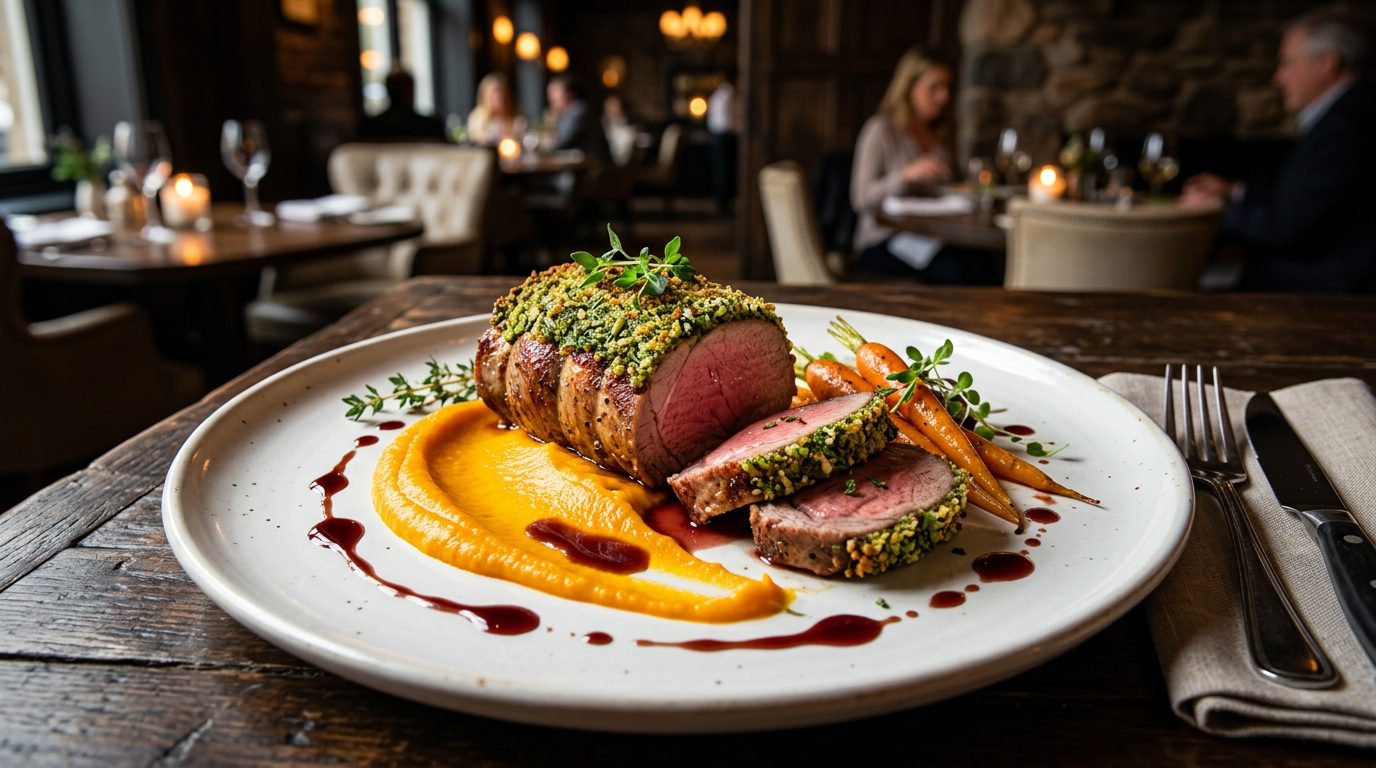 Lomo de cordero con costra de hierbas y puré de zanahoria asada