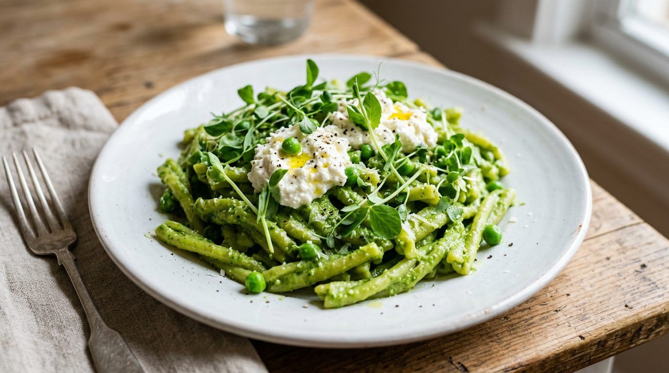 Pasta fresca con pesto de guisantes y ricotta cremosa