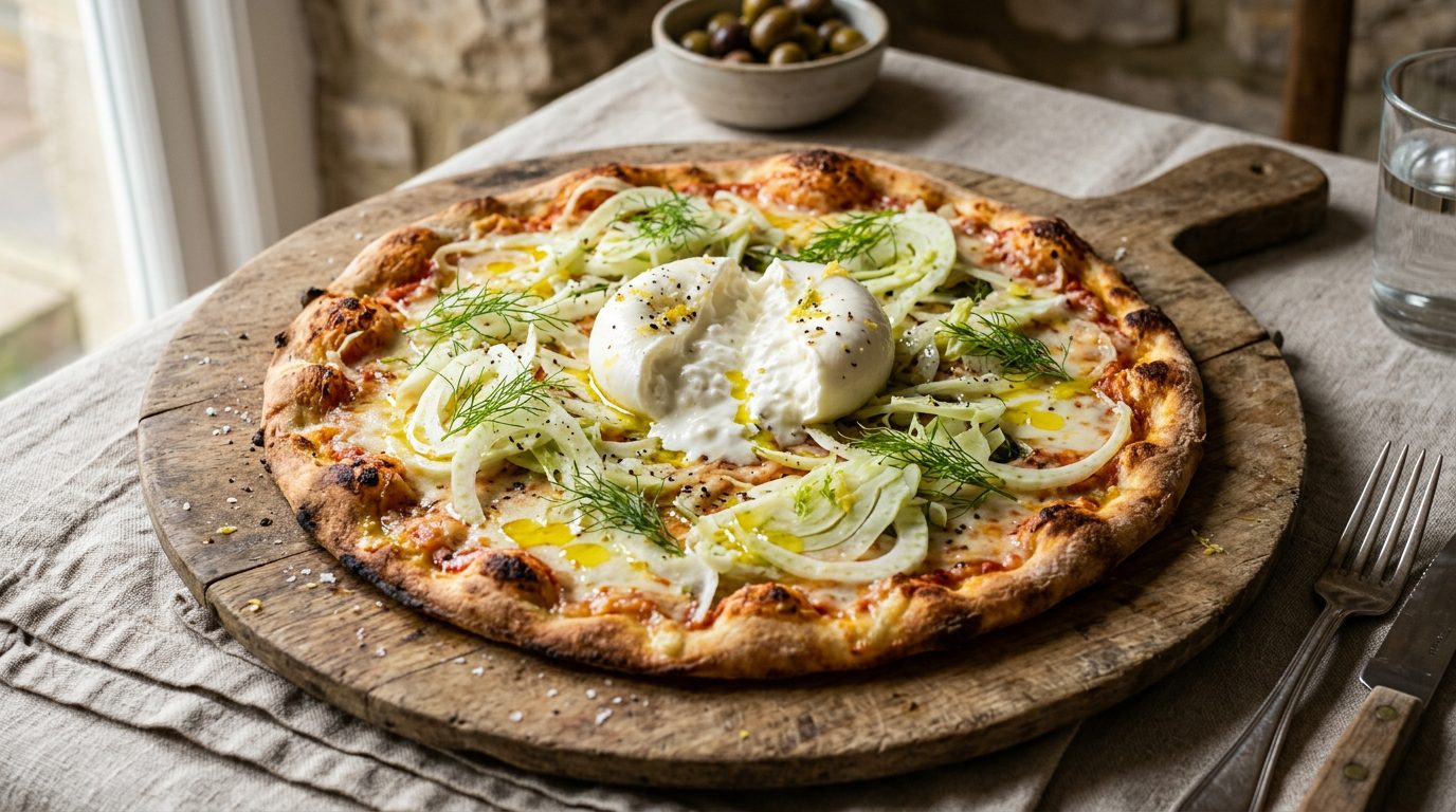 Pizza fina de hinojo, burrata y aceite de limón