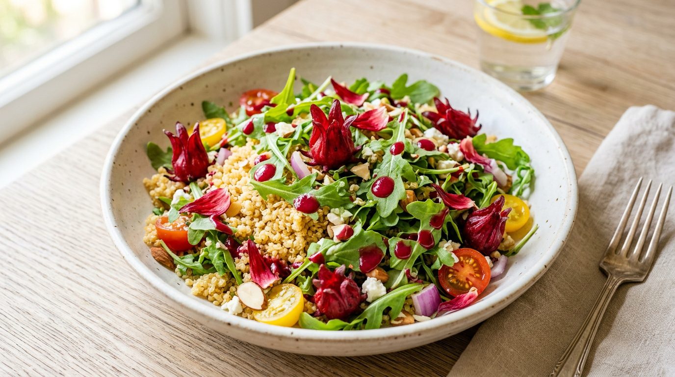Ensalada de quinoa, rúcula y vinagreta de hibisco