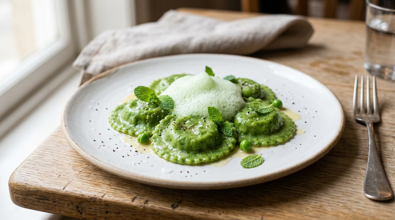 Raviolis de guisantes frescos con espuma de menta