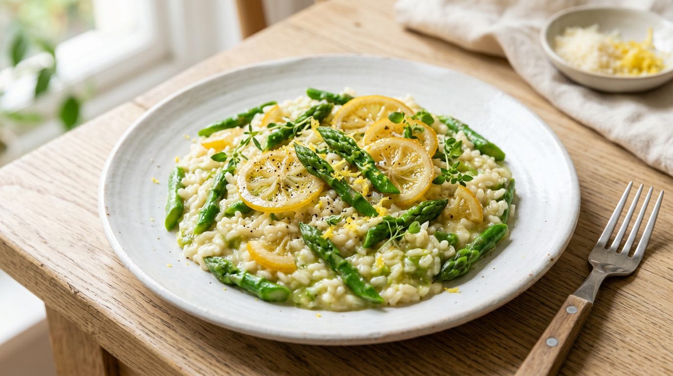 Risotto de espárragos verdes y limón confitado