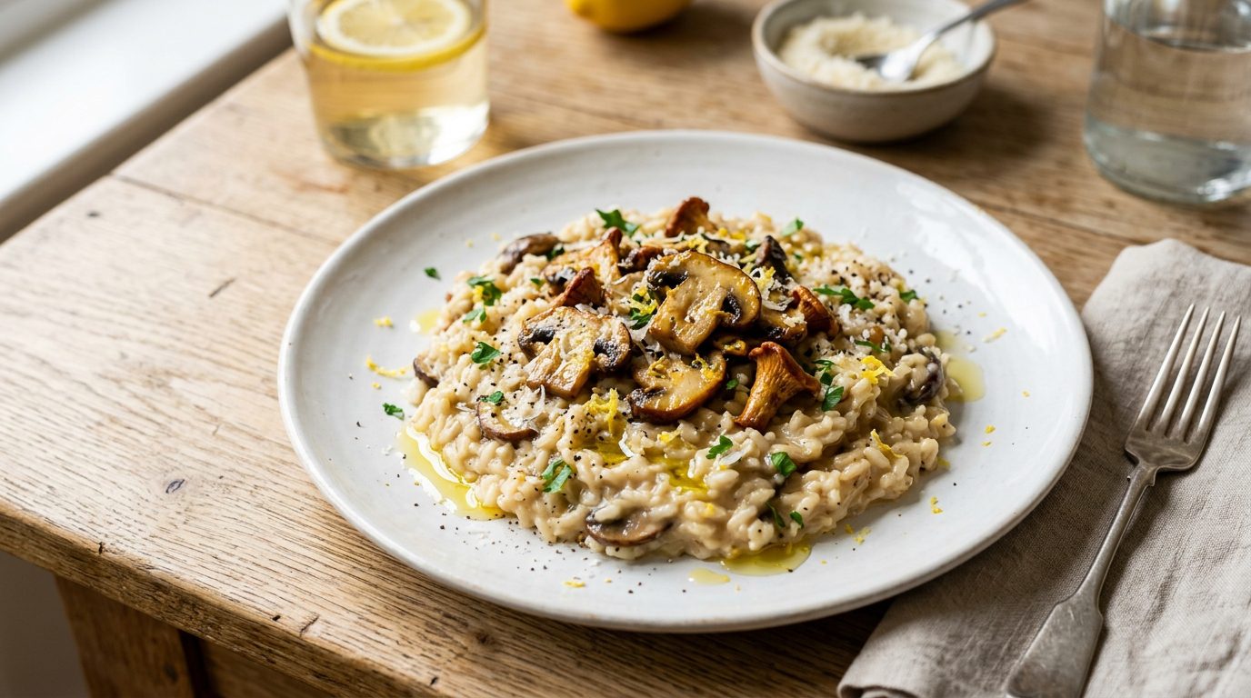 Risotto de champiñones y limón con aceite de trufa blanca