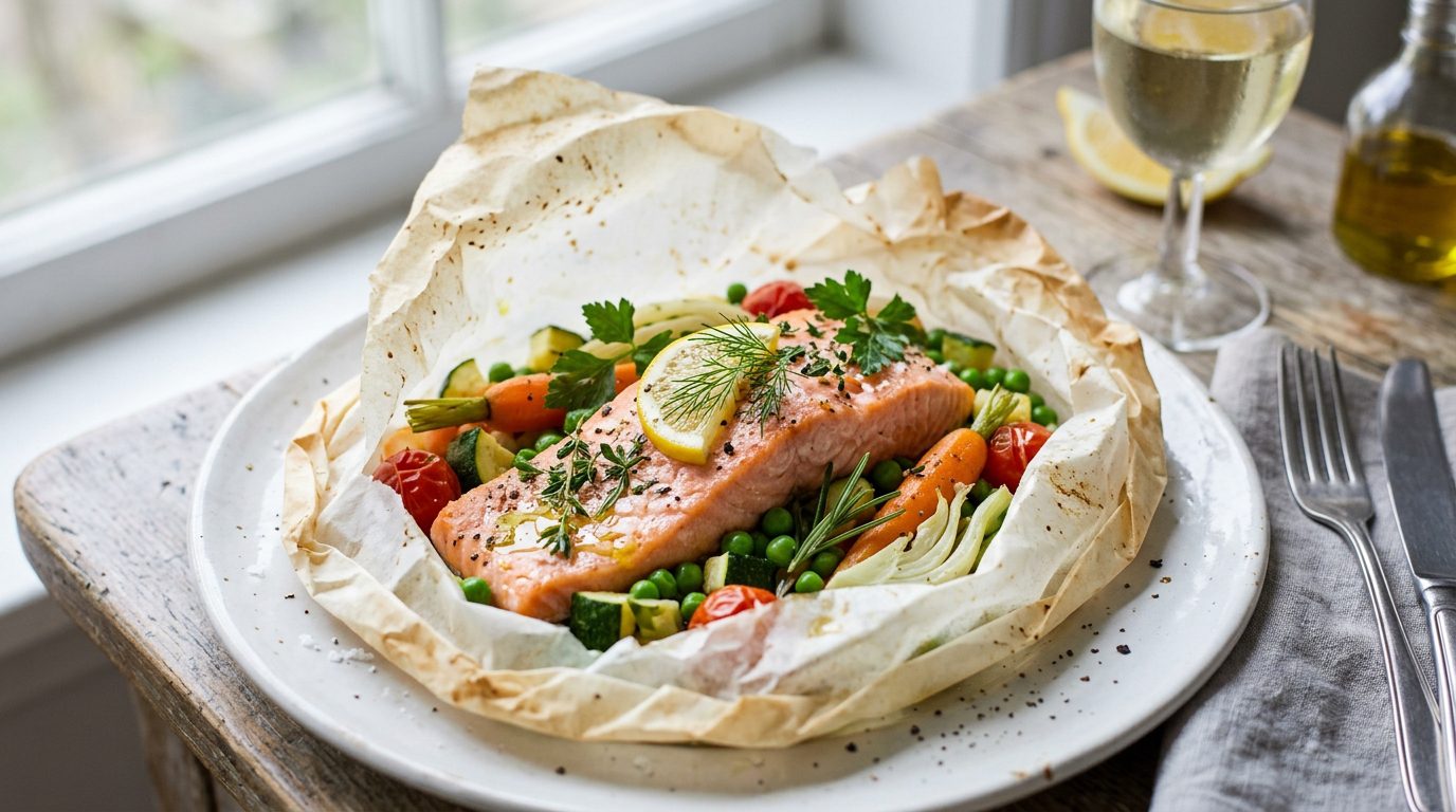 Salmón al papillote con verduras baby y hierbas aromáticas