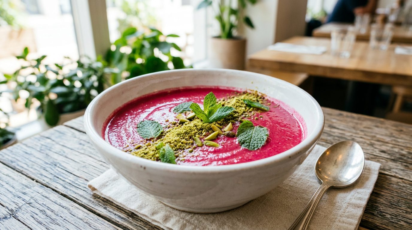 Sopa fría de fresas y remolacha con polvo de pistacho