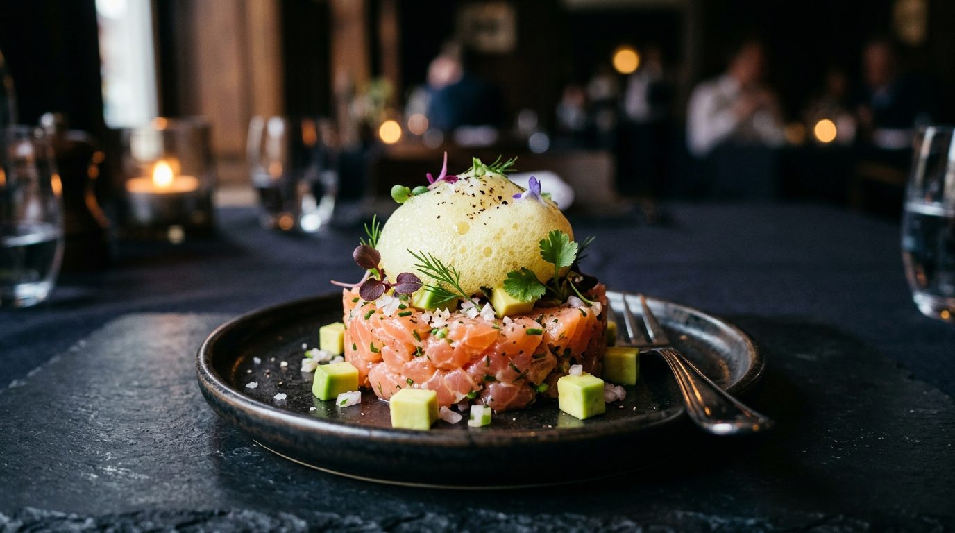 Tartar de trucha con aguacate y aire de limón
