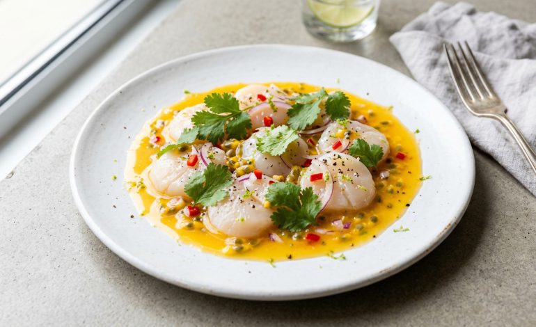 Vieiras a la plancha con emulsión de naranja y jengibre