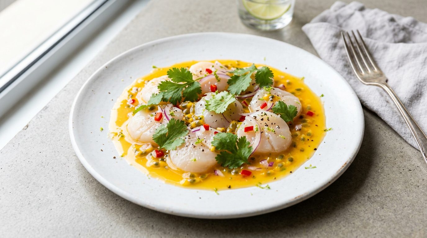 Vieiras a la plancha con emulsión de naranja y jengibre