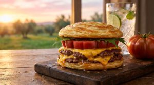 Professional editorial food photography, extreme close-up of a gourmet fusion burger. The traditional bun is replaced by a golden, flaky, crispy multi-layered Indian Lacha Paratha bread with a subtle ghee glaze [cite: 34, 190, 549, 708]. Inside, two juicy, caramelized beef smash patties with melted, dripping cheddar cheese are visible [cite: 34, 190, 708]. A thick, vibrant red slice of a rustic, heavily ribbed Montserrat Tomato peeks out alongside fresh green shiso leaves [cite: 17, 194, 622, 710, 717]. The burger rests on a dark, rustic reclaimed wood table [cite: 592, 622]. In the warm, soft-focus background, a crystal glass of sparkling iced mint drink with condensation stands next to a whole Montserrat tomato [cite: 17, 194, 717]. Bathed in warm golden hour sunset light, creating a beautiful bokeh of green crop fields and olive groves under an orange-pink summer sky [cite: 45, 139]. Shot on 85mm lens, f/1.4, high-end commercial style, volumetric lighting, highly detailed textures, delicious and appetizing look.