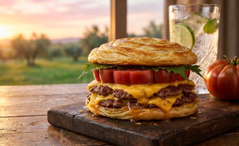 Professional editorial food photography, extreme close-up of a gourmet fusion burger. The traditional bun is replaced by a golden, flaky, crispy multi-layered Indian Lacha Paratha bread with a subtle ghee glaze [cite: 34, 190, 549, 708]. Inside, two juicy, caramelized beef smash patties with melted, dripping cheddar cheese are visible [cite: 34, 190, 708]. A thick, vibrant red slice of a rustic, heavily ribbed Montserrat Tomato peeks out alongside fresh green shiso leaves [cite: 17, 194, 622, 710, 717]. The burger rests on a dark, rustic reclaimed wood table [cite: 592, 622]. In the warm, soft-focus background, a crystal glass of sparkling iced mint drink with condensation stands next to a whole Montserrat tomato [cite: 17, 194, 717]. Bathed in warm golden hour sunset light, creating a beautiful bokeh of green crop fields and olive groves under an orange-pink summer sky [cite: 45, 139]. Shot on 85mm lens, f/1.4, high-end commercial style, volumetric lighting, highly detailed textures, delicious and appetizing look.