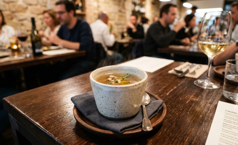 Brou clar de bolets servit en tassa petita com a aperitiu líquid en un restaurant de Barcelona